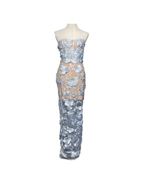 NWT Innovare Denim 3D Floral Lace Strapless Maxi Dress L Sheer Overlay Lt Blue